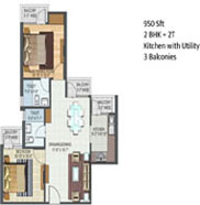 950 sqft 3bhk + 2t