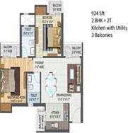 924 sqft 3bhk + 2t